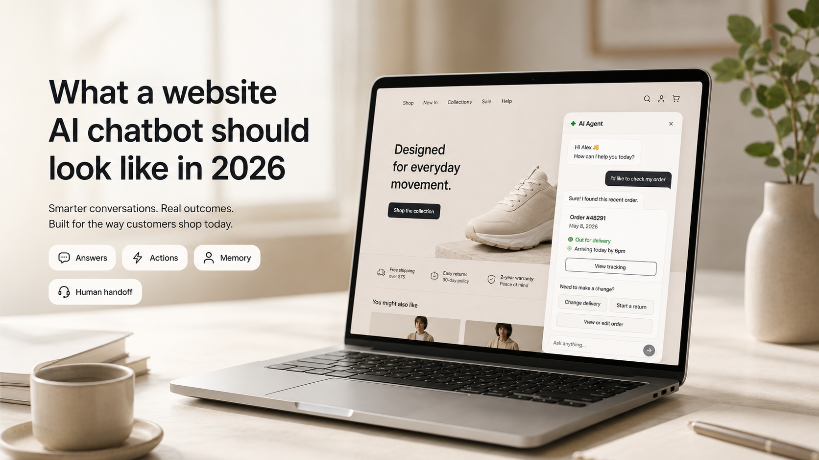 Laptop on a desk showing a shoe store website with a modern AI agent chat panel handling an order lookup.