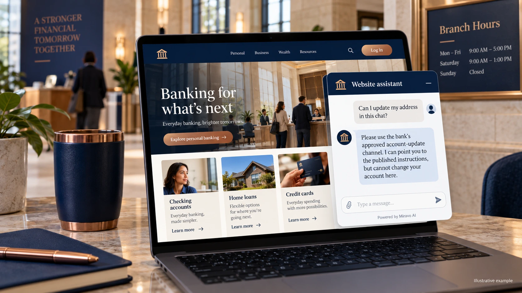 Illustrative banking scene showing a Miravo AI chatbot conversation about find the right service channel.