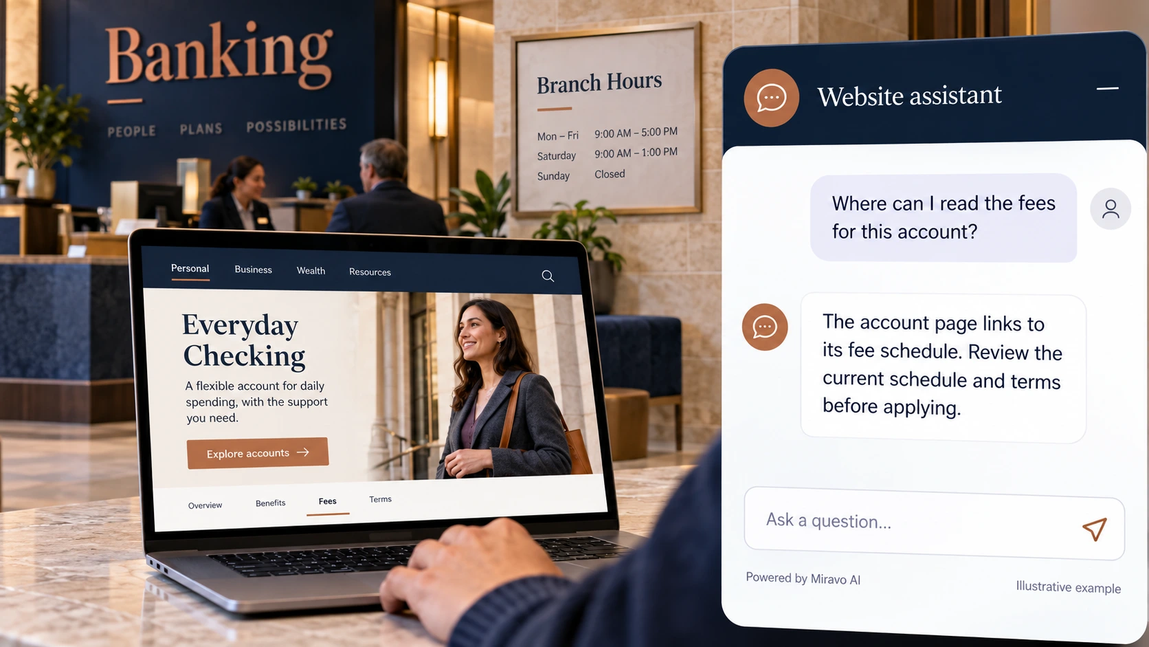 Illustrative banking scene showing a Miravo AI chatbot conversation about explain an account product.