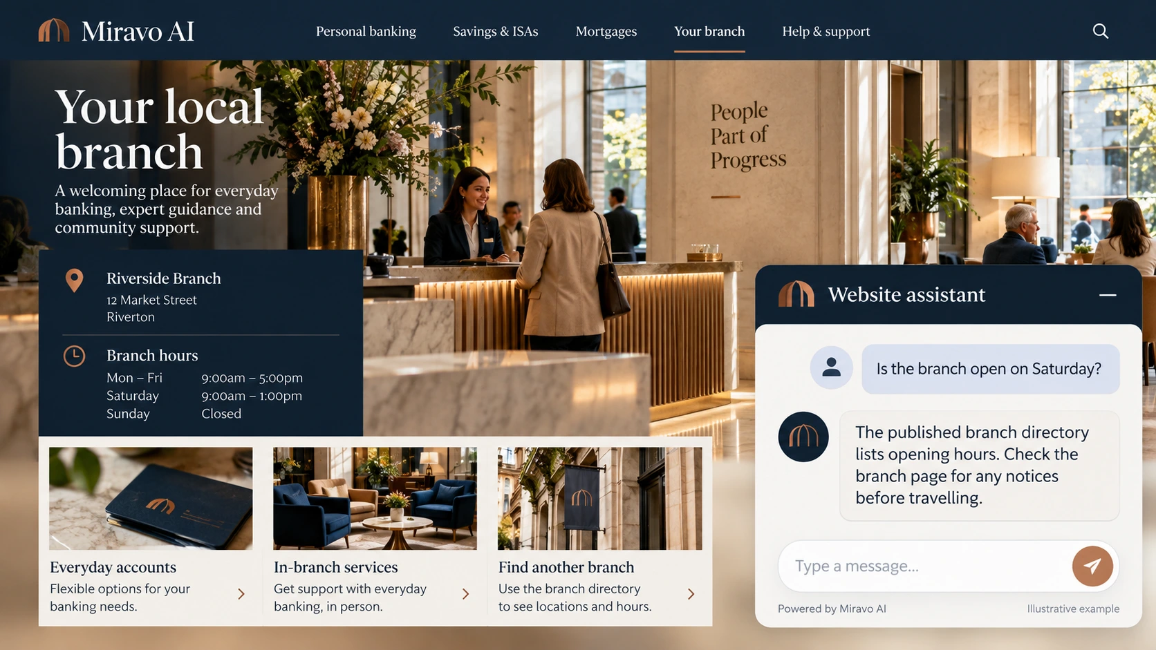 Illustrative banking scene showing a Miravo AI chatbot conversation about help with branch planning.