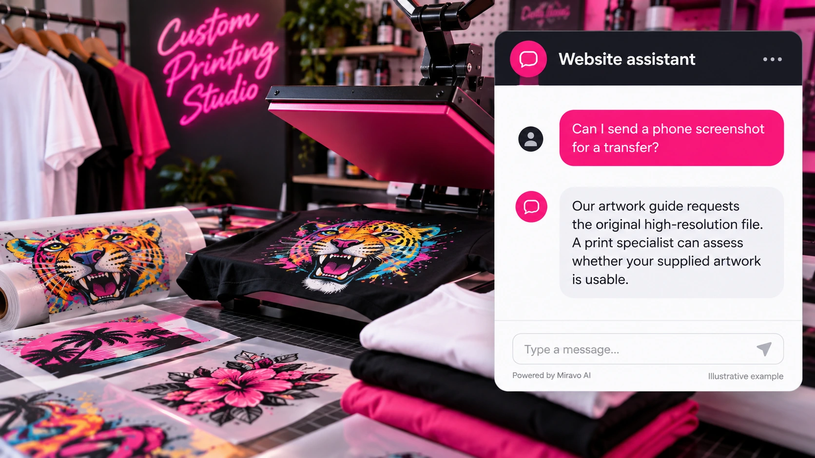 Illustrative custom printing, dtf and apparel decoration scene showing a Miravo AI chatbot conversation about prepare the artwork correctly.