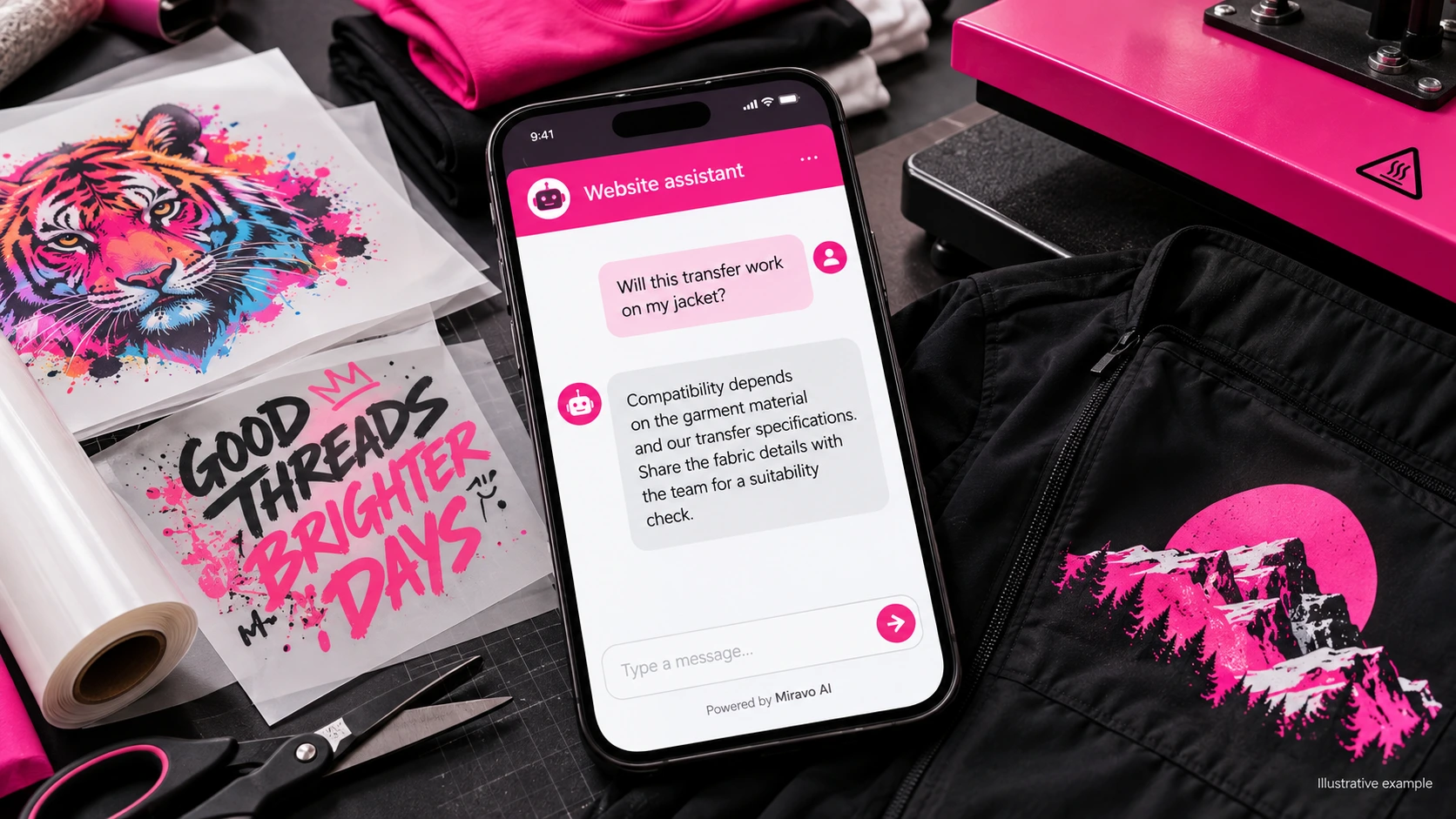 Illustrative custom printing, dtf and apparel decoration scene showing a Miravo AI chatbot conversation about match the process to the garment.