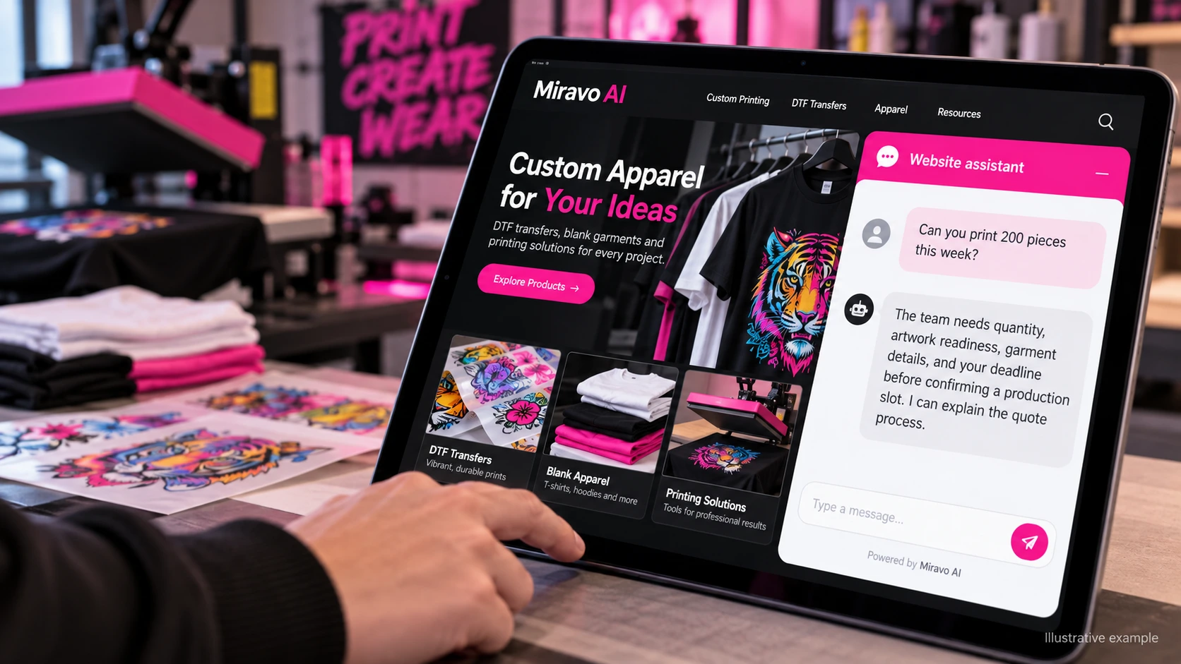 Illustrative custom printing, dtf and apparel decoration scene showing a Miravo AI chatbot conversation about qualify a deadline-sensitive order.