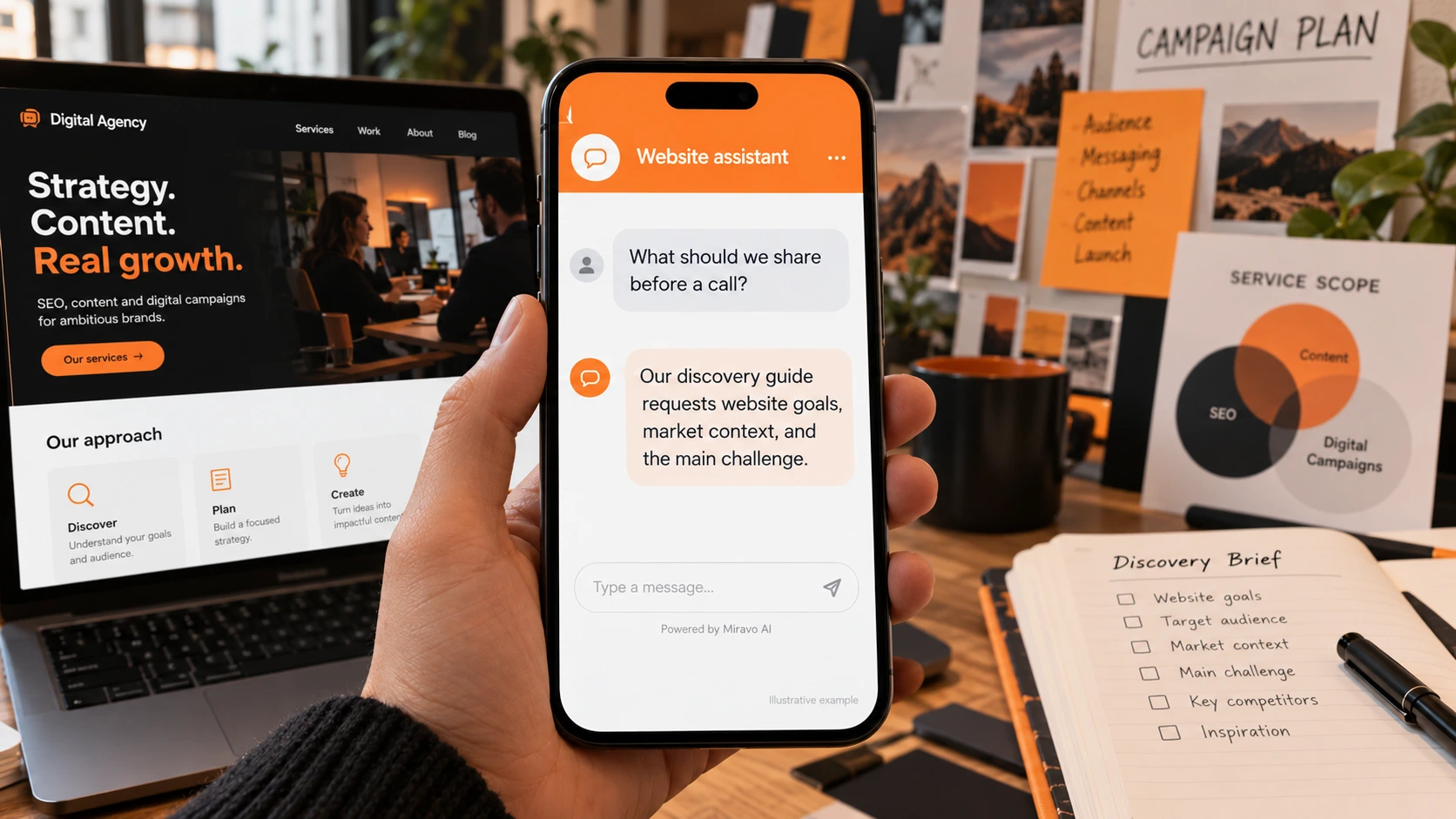 Illustrative digital marketing / seo agencies scene showing a Miravo AI chatbot conversation about prepare discovery.
