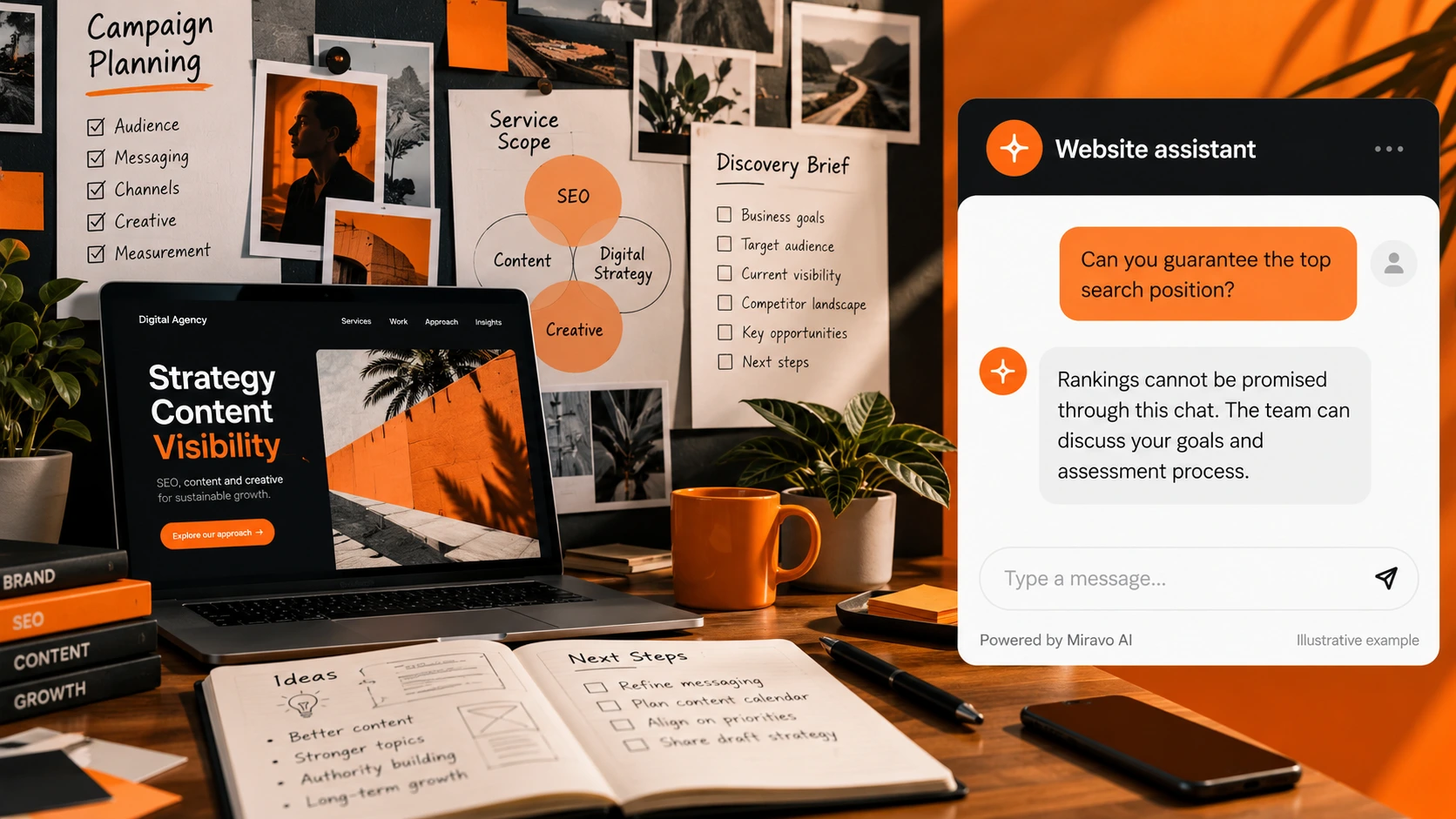 Illustrative digital marketing / seo agencies scene showing a Miravo AI chatbot conversation about set realistic expectations.