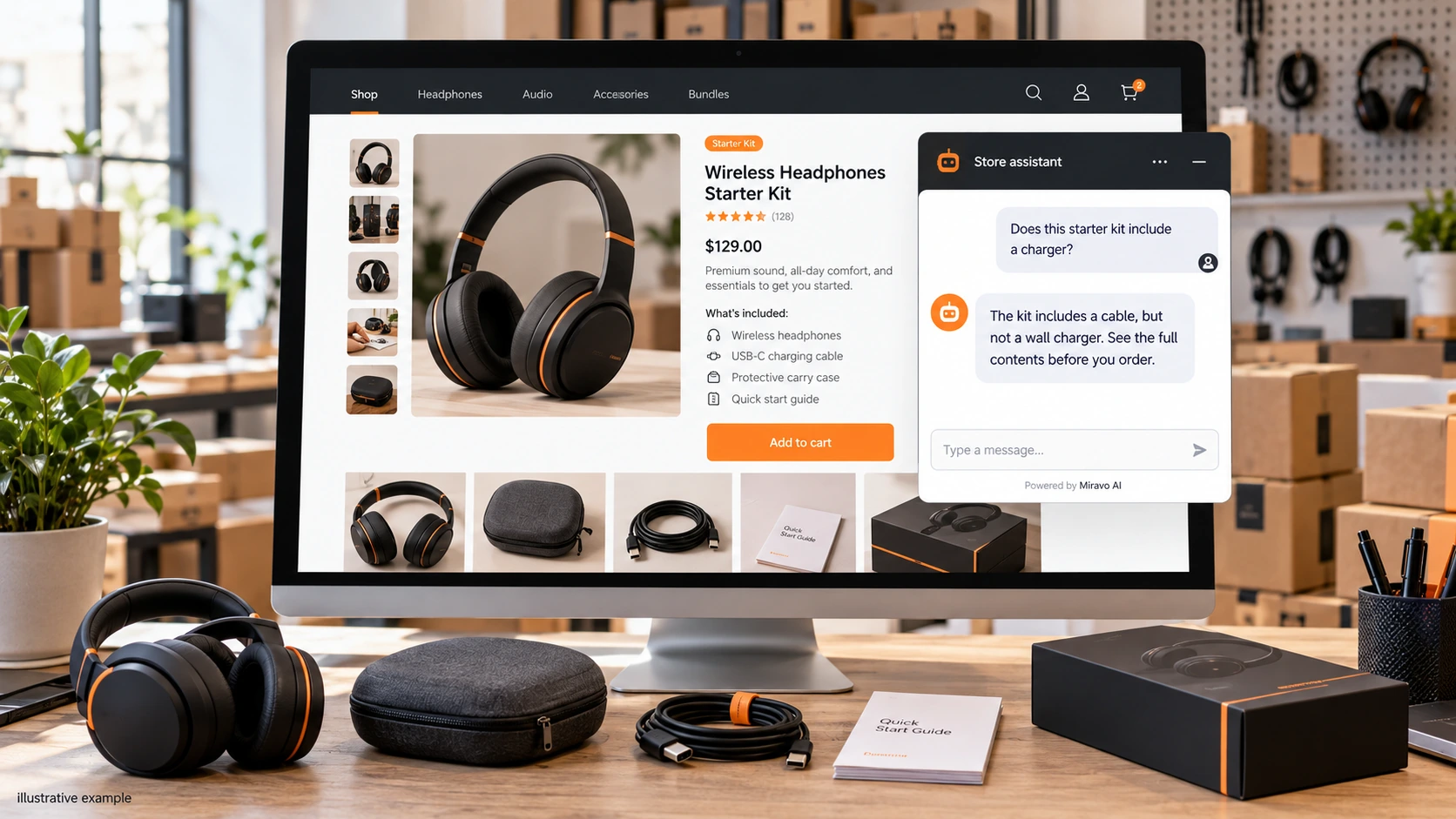 Illustrative ecommerce scene showing a Miravo AI chatbot conversation about explain what the buyer actually receives.
