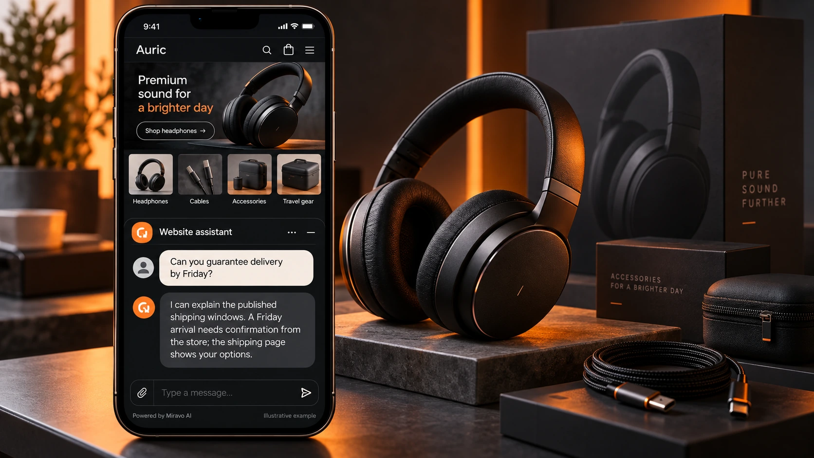 Illustrative ecommerce scene showing a Miravo AI chatbot conversation about make delivery conditions easy to understand.
