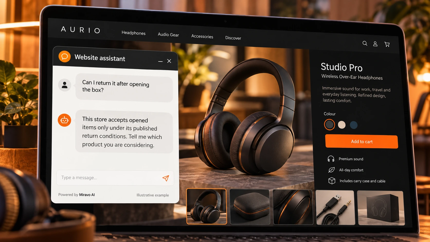 Illustrative ecommerce scene showing a Miravo AI chatbot conversation about resolve the return-policy question.