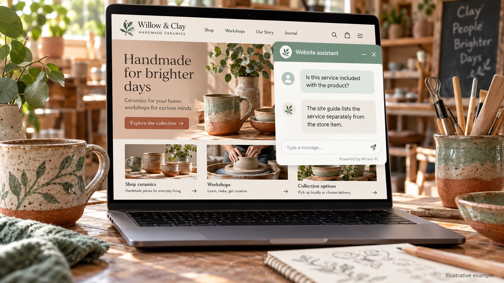 Illustrative ecwid stores scene showing a Miravo AI chatbot conversation about separate site and store offers.