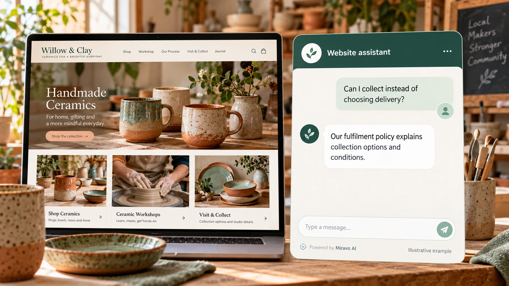 Illustrative ecwid stores scene showing a Miravo AI chatbot conversation about explain collection.