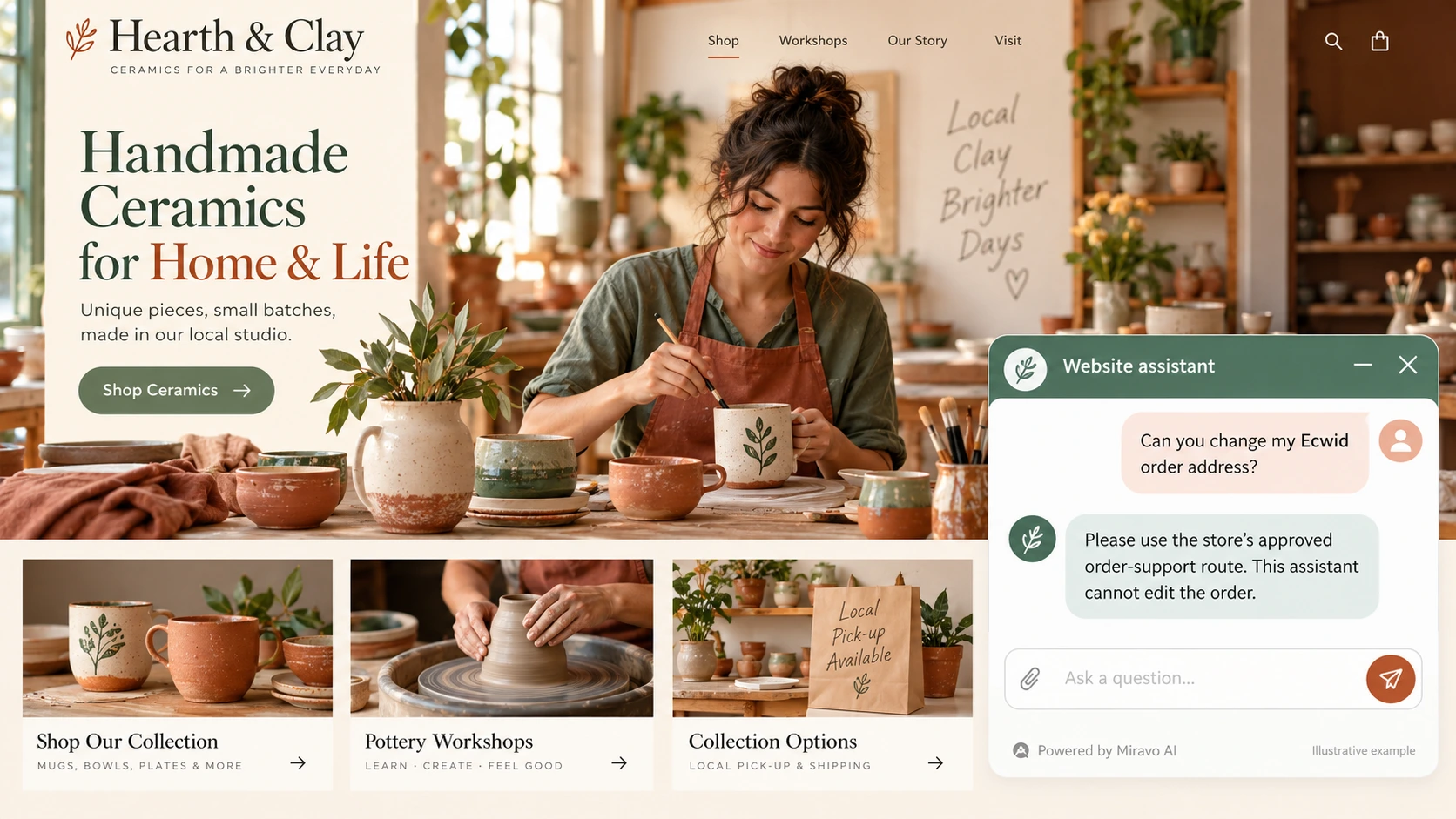 Illustrative ecwid stores scene showing a Miravo AI chatbot conversation about route an order issue.