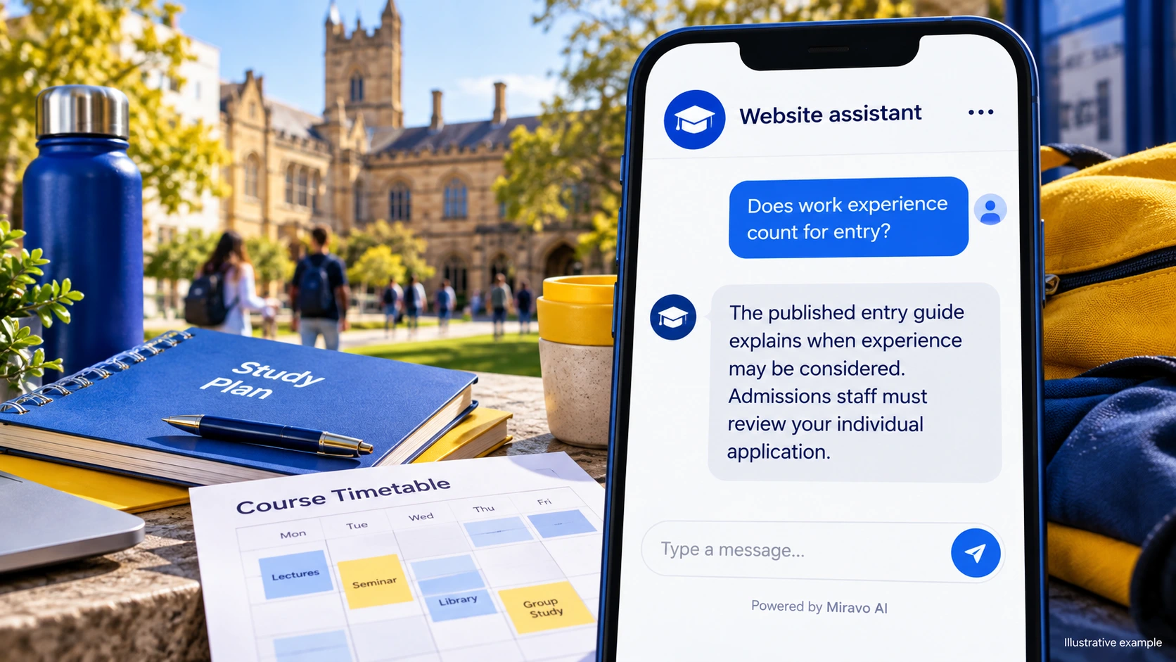 Illustrative education providers scene showing a Miravo AI chatbot conversation about explain entry requirements.