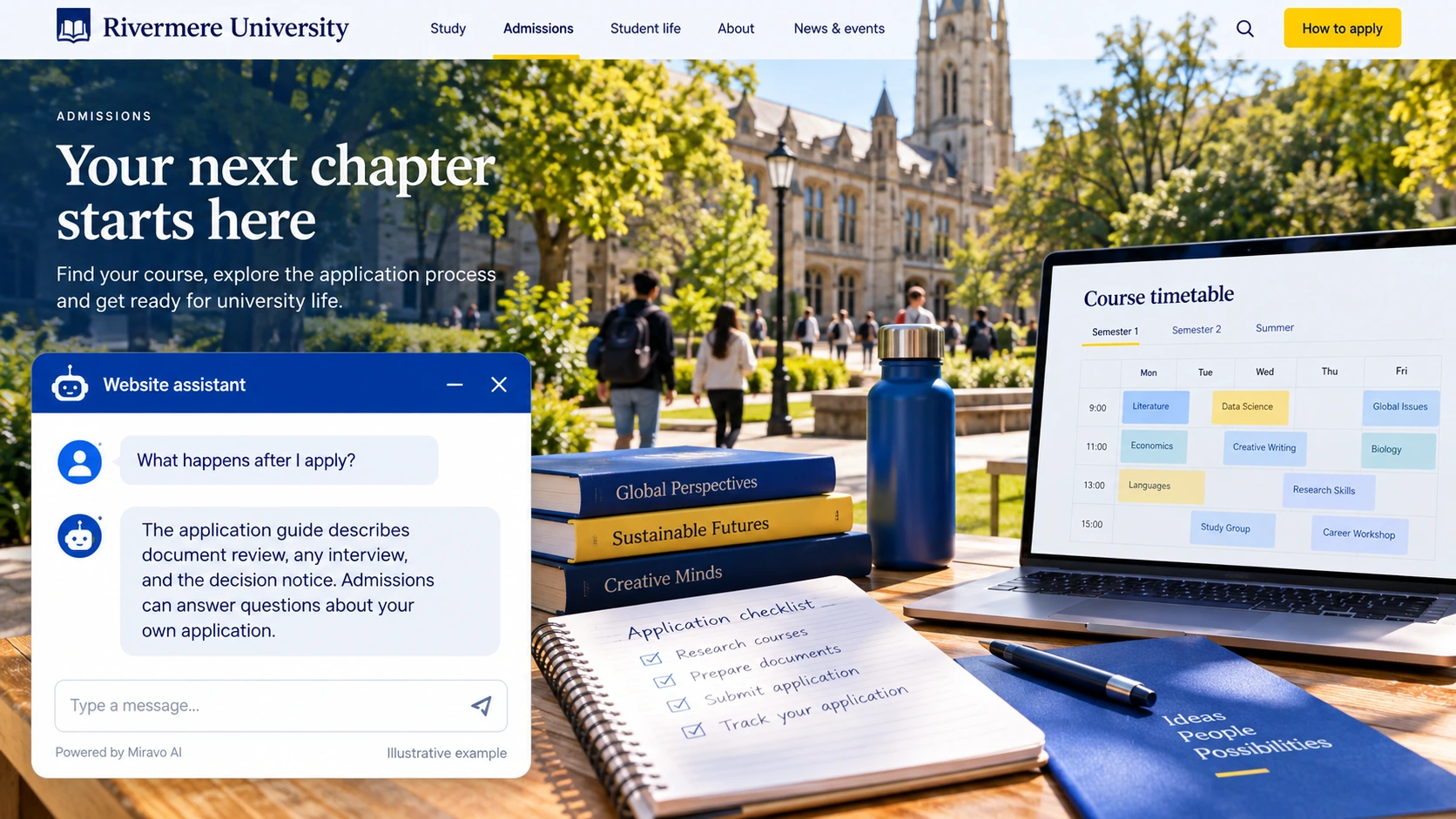 Illustrative education providers scene showing a Miravo AI chatbot conversation about make the application sequence visible.