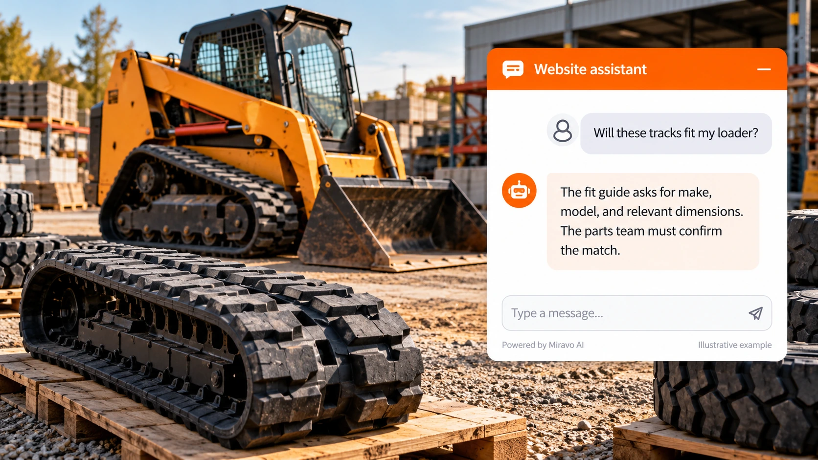 Illustrative construction-equipment tires and rubber tracks scene showing a Miravo AI chatbot conversation about identify the machine.