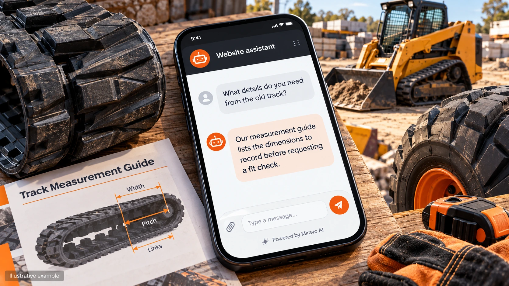 Illustrative construction-equipment tires and rubber tracks scene showing a Miravo AI chatbot conversation about prepare the measurements.