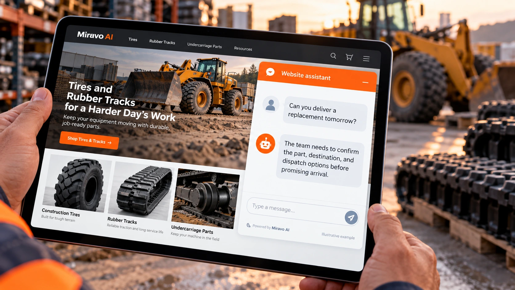 Illustrative construction-equipment tires and rubber tracks scene showing a Miravo AI chatbot conversation about handle downtime urgency.