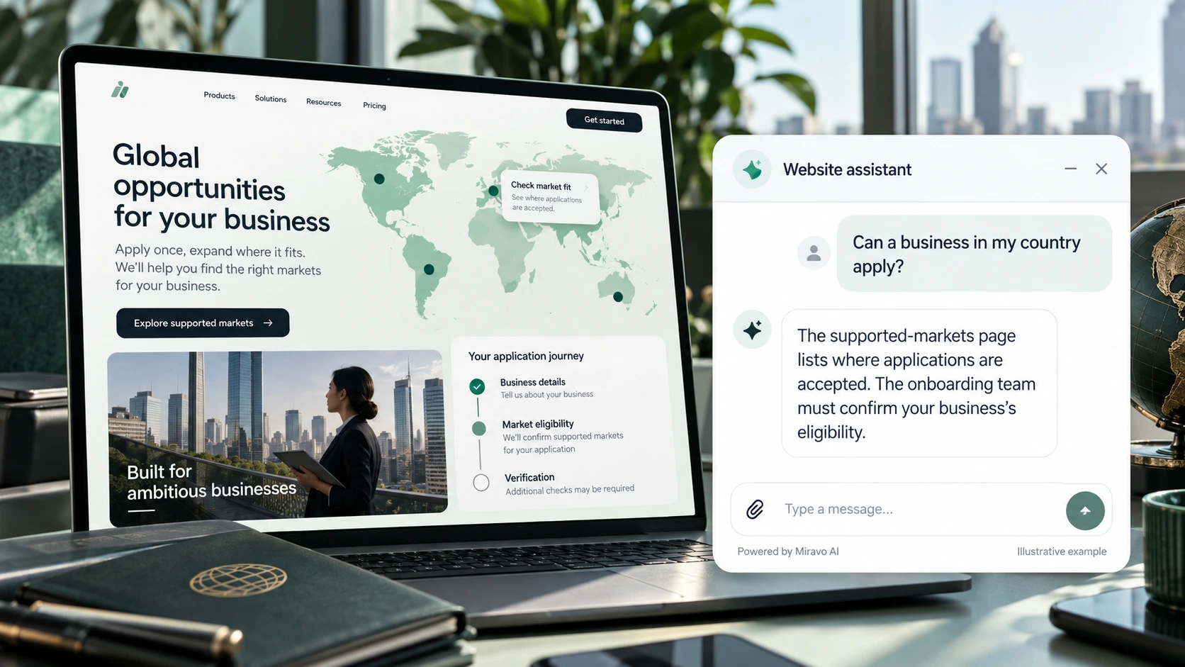 Illustrative fintech companies scene showing a Miravo AI chatbot conversation about check market fit.