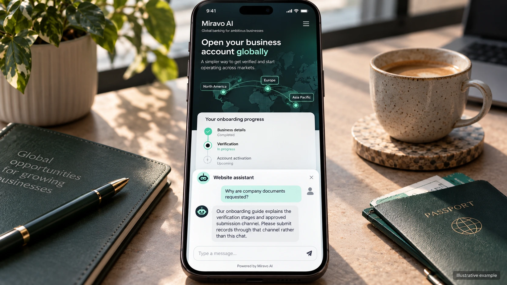 Illustrative fintech companies scene showing a Miravo AI chatbot conversation about explain verification stages.