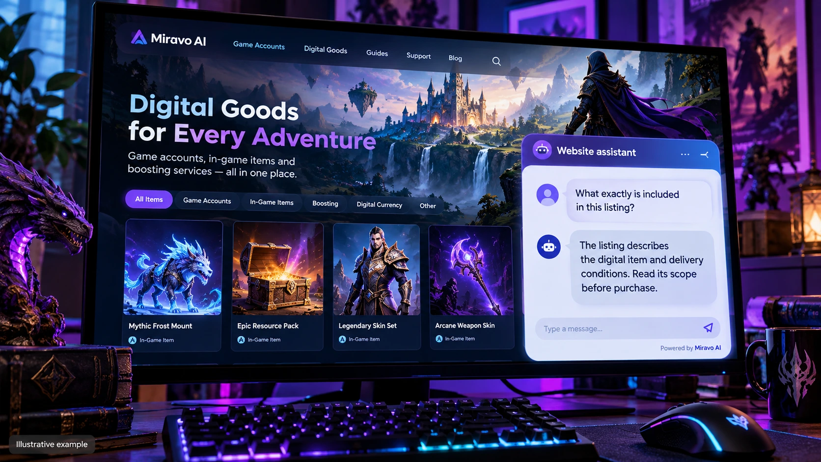 Illustrative gaming services, game accounts and digital goods scene showing a Miravo AI chatbot conversation about clarify the digital item.