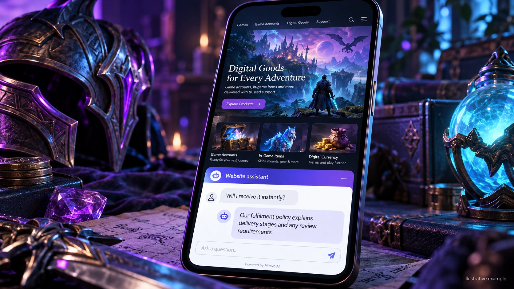 Illustrative gaming services, game accounts and digital goods scene showing a Miravo AI chatbot conversation about explain fulfilment.