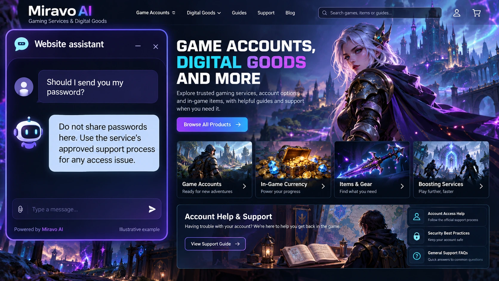 Illustrative gaming services, game accounts and digital goods scene showing a Miravo AI chatbot conversation about route account-related issues.