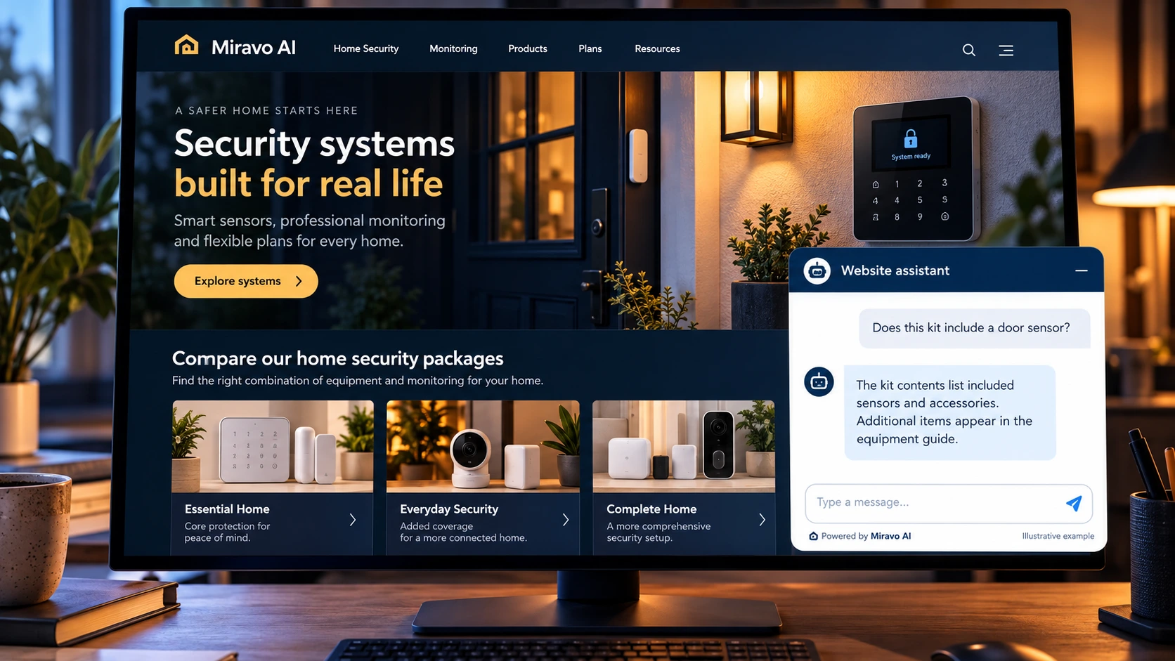 Illustrative home security systems and monitoring scene showing a Miravo AI chatbot conversation about compare the package.