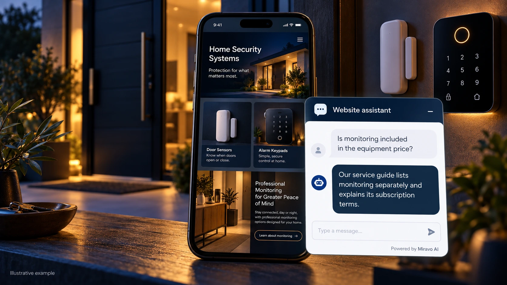 Illustrative home security systems and monitoring scene showing a Miravo AI chatbot conversation about explain monitoring.