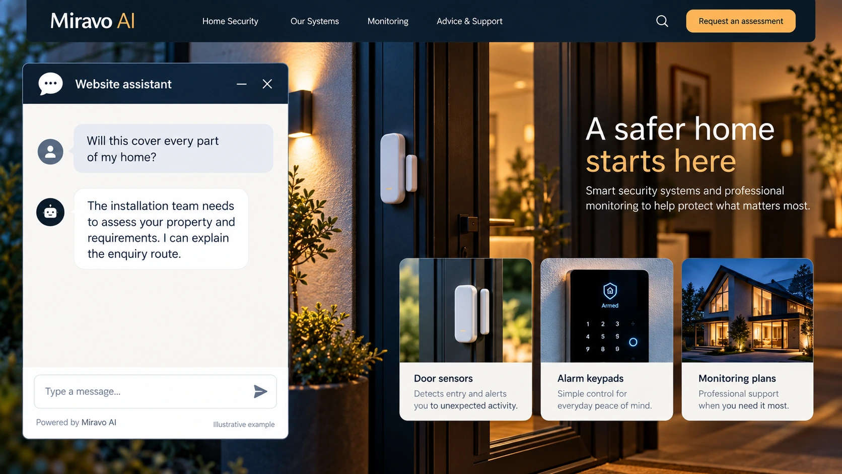 Illustrative home security systems and monitoring scene showing a Miravo AI chatbot conversation about request an assessment.