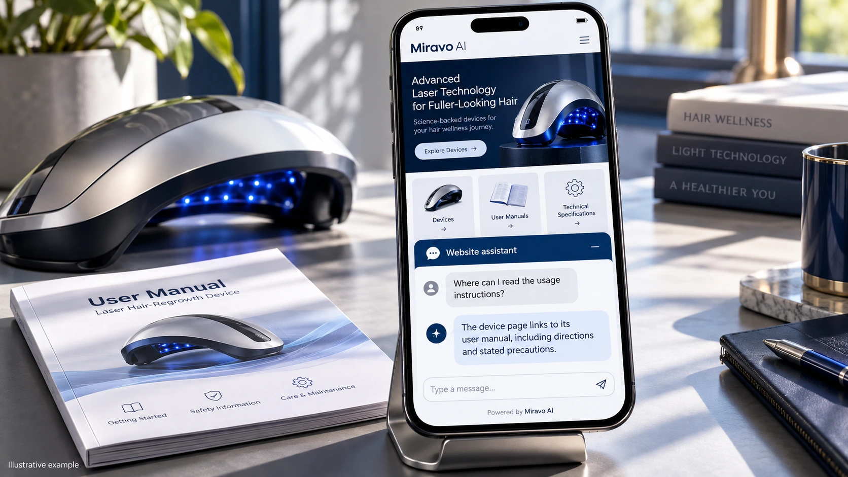 Illustrative laser hair-regrowth devices scene showing a Miravo AI chatbot conversation about find the instructions.