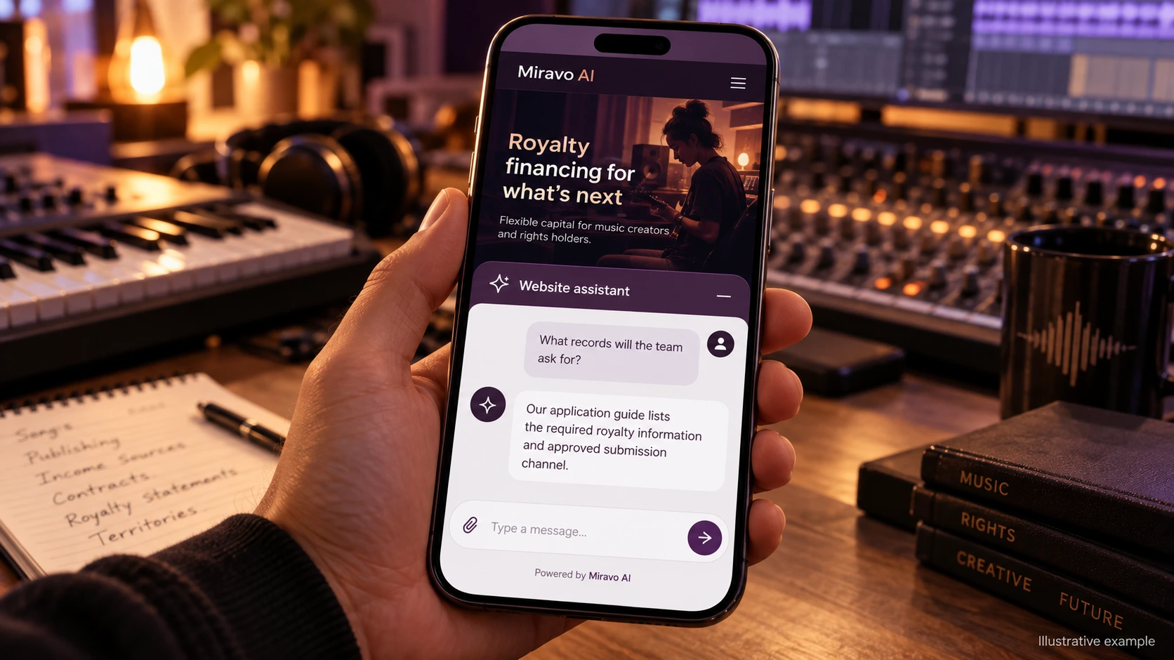 Illustrative music royalty financing scene showing a Miravo AI chatbot conversation about prepare the information.