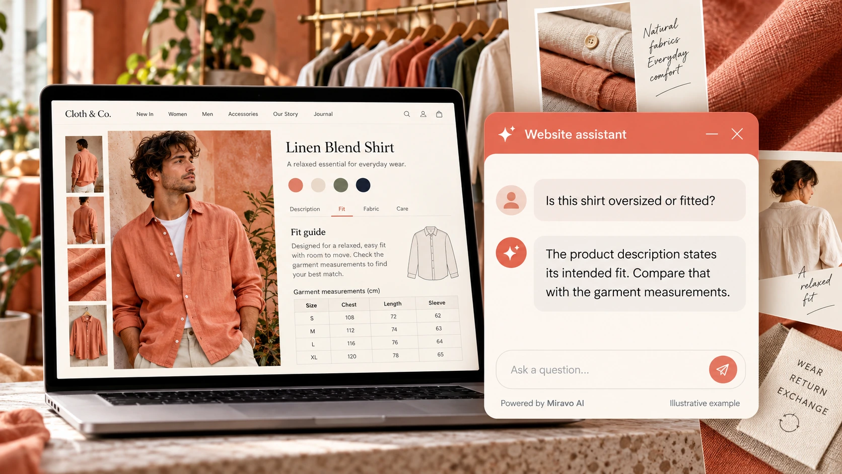 Illustrative online clothing-store founders scene showing a Miravo AI chatbot conversation about explain the fit.