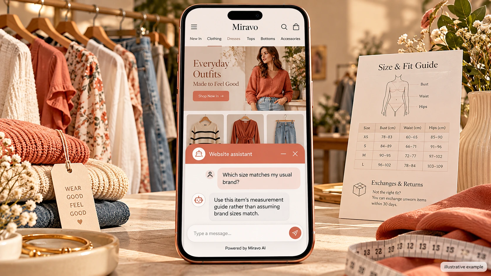Illustrative online clothing-store founders scene showing a Miravo AI chatbot conversation about check measurements.