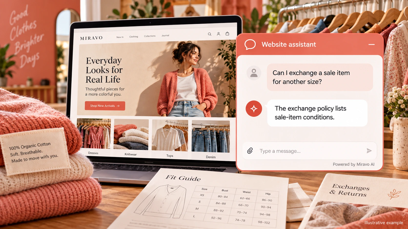 Illustrative online clothing-store founders scene showing a Miravo AI chatbot conversation about clarify an exchange.