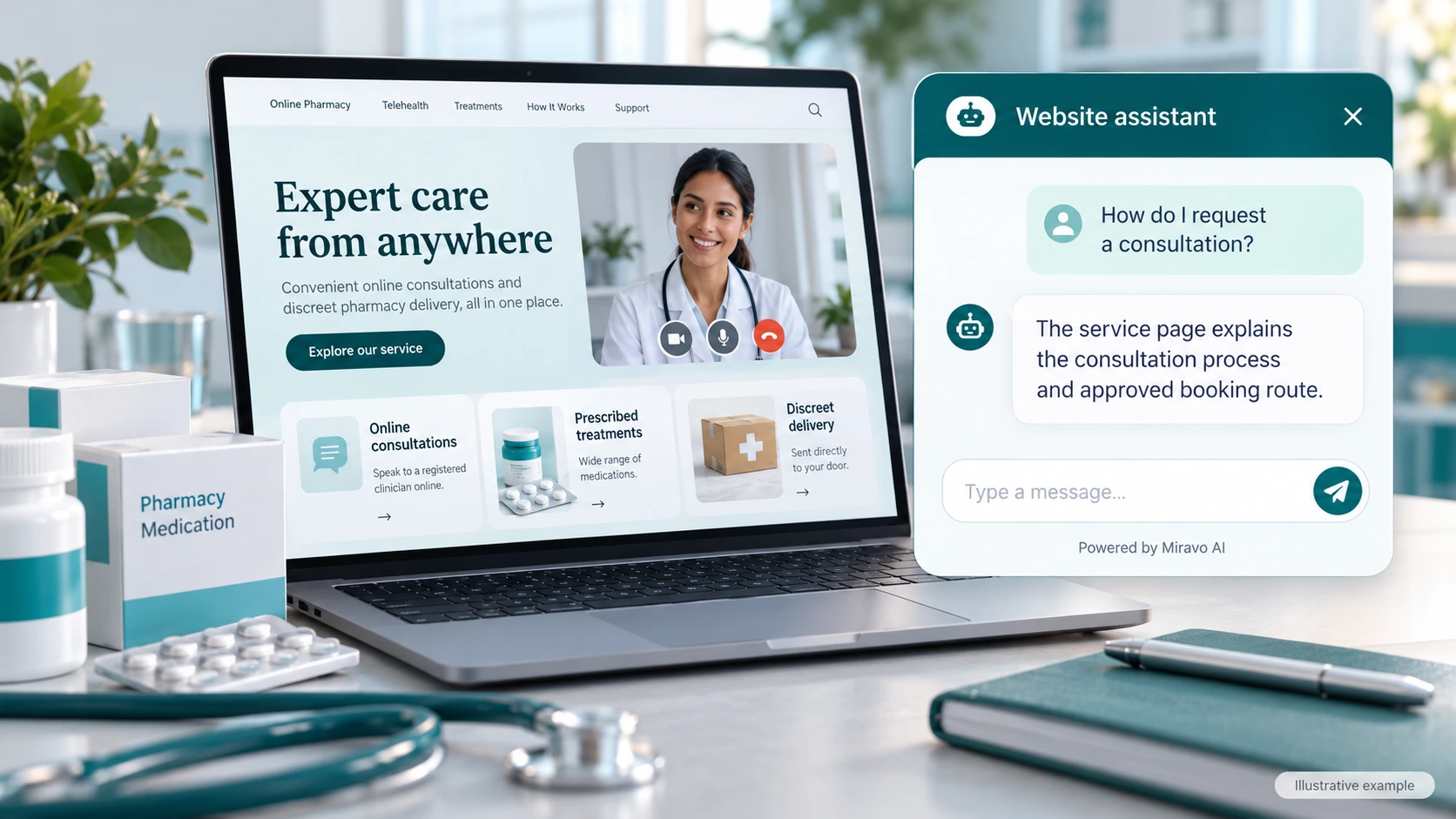 Illustrative online pharmacies and telehealth scene showing a Miravo AI chatbot conversation about explain access.