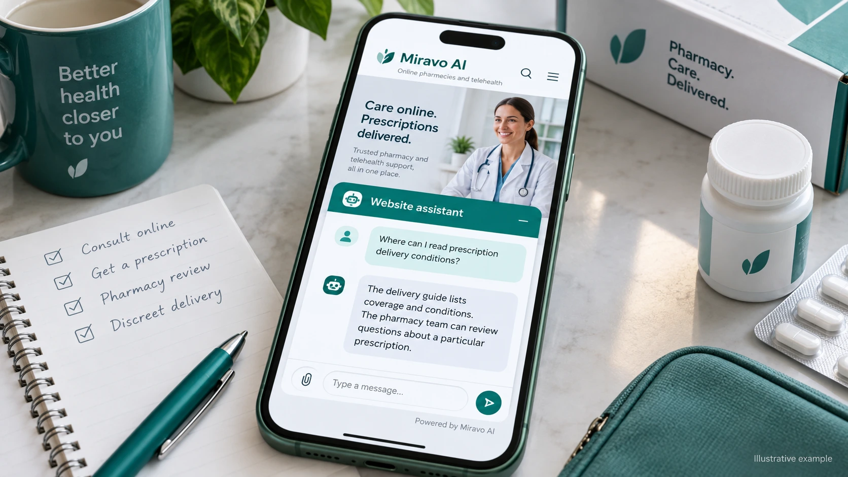 Illustrative online pharmacies and telehealth scene showing a Miravo AI chatbot conversation about clarify delivery policy.