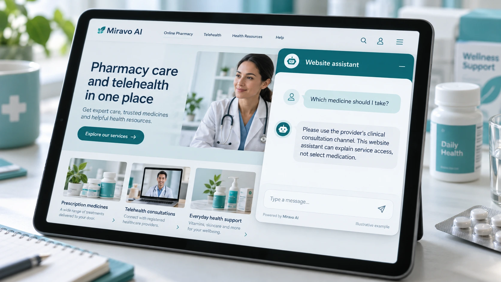 Illustrative online pharmacies and telehealth scene showing a Miravo AI chatbot conversation about route a clinical question.