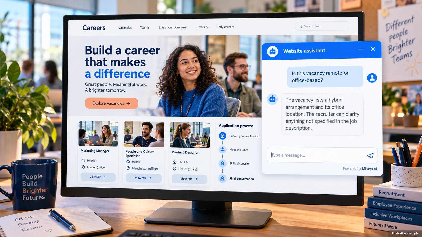 Illustrative recruitment and hr scene showing a Miravo AI chatbot conversation about clarify a listed role.