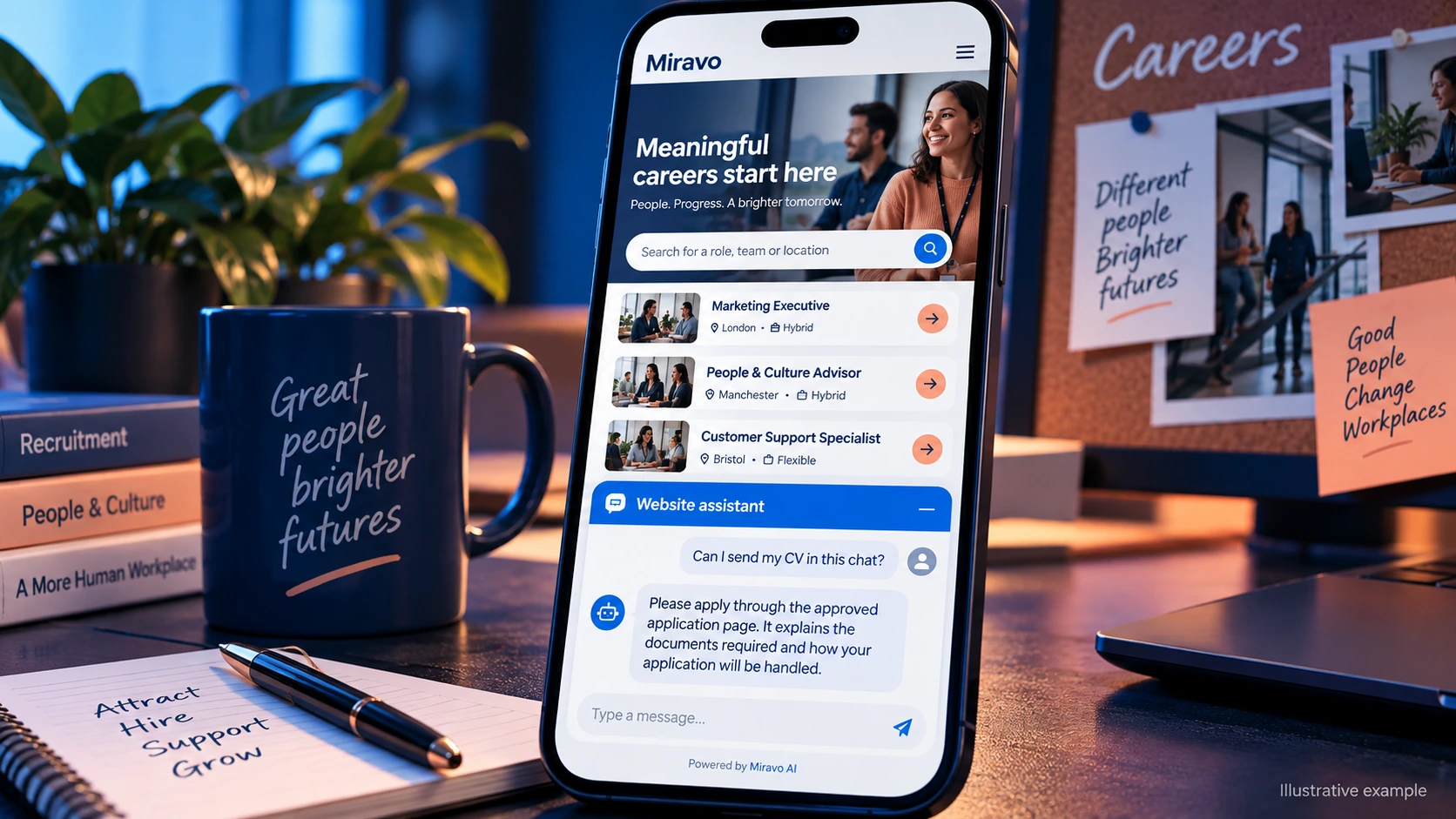 Illustrative recruitment and hr scene showing a Miravo AI chatbot conversation about explain the application route.