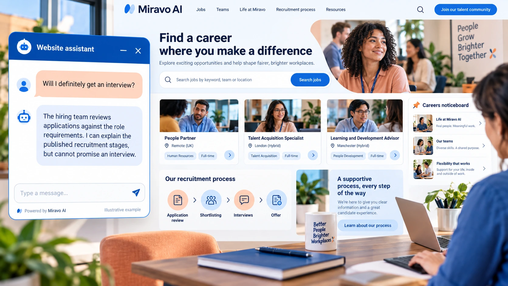 Illustrative recruitment and hr scene showing a Miravo AI chatbot conversation about address an assessment question.