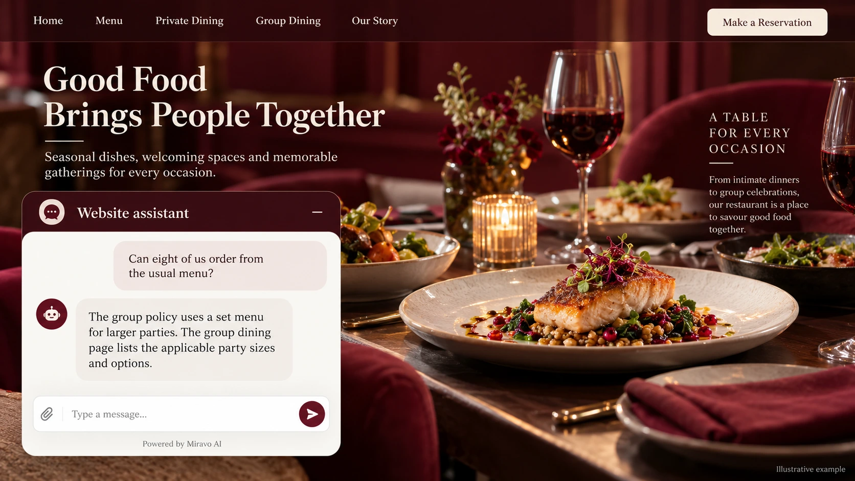 Illustrative restaurants scene showing a Miravo AI chatbot conversation about explain a group dining policy.