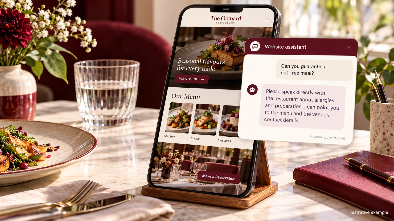 Illustrative restaurants scene showing a Miravo AI chatbot conversation about handle a dietary enquiry carefully.