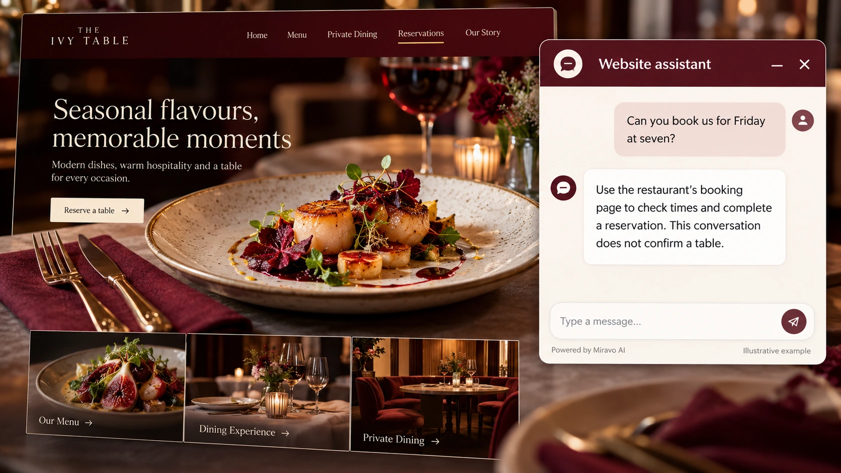 Illustrative restaurants scene showing a Miravo AI chatbot conversation about show how to reserve.