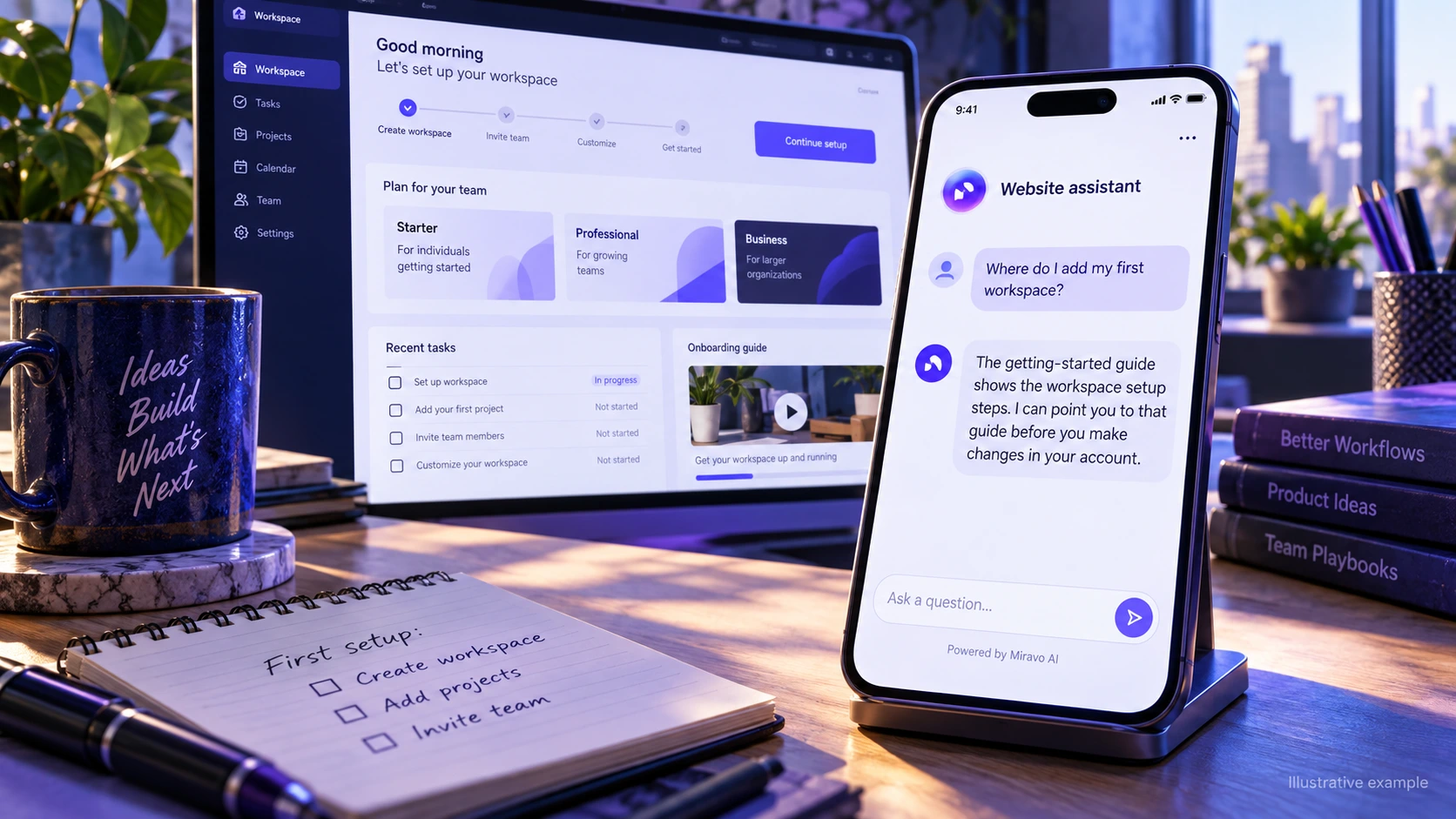 Illustrative saas companies scene showing a Miravo AI chatbot conversation about help with the first setup task.