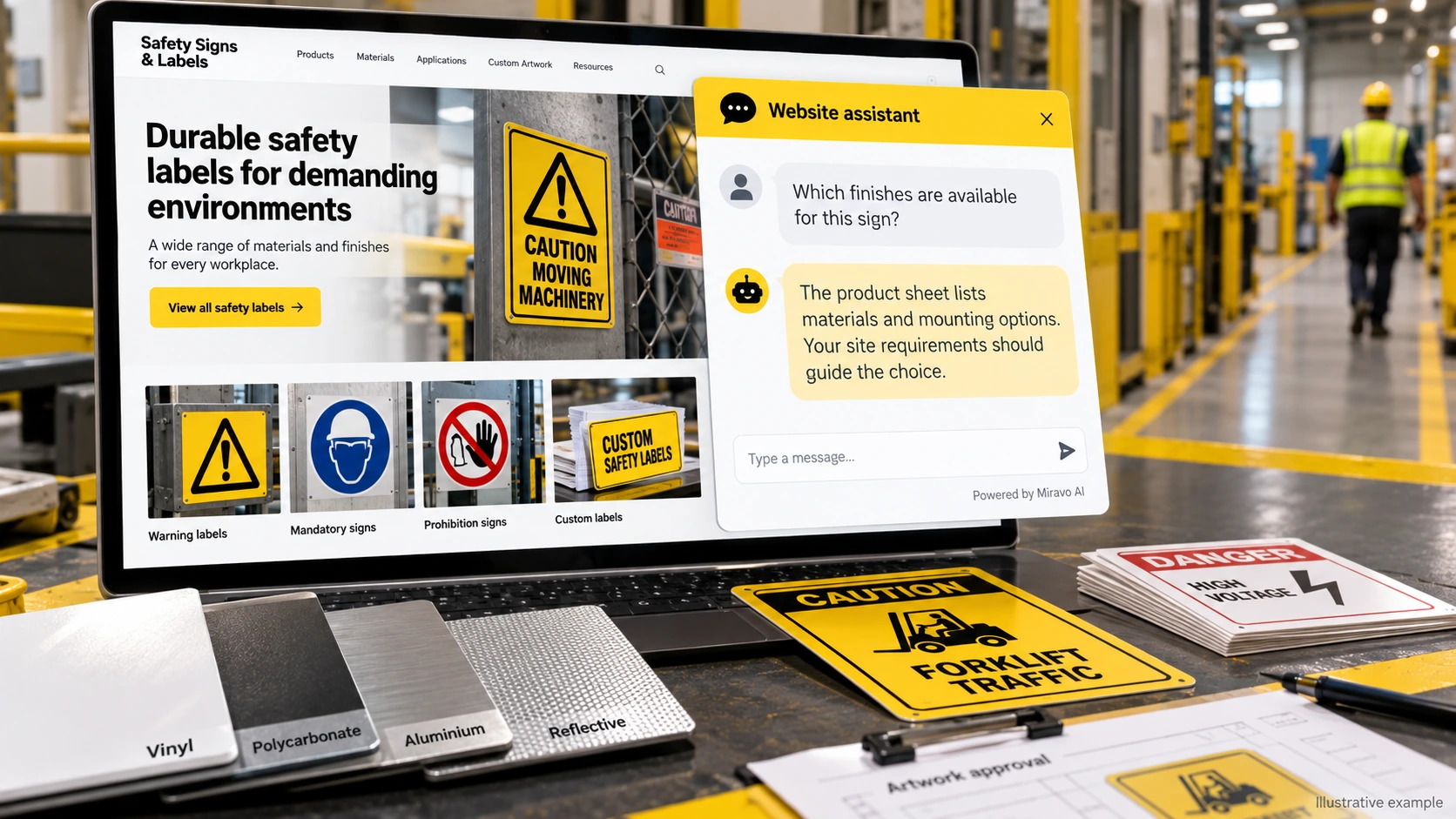 Illustrative safety signs and labels scene showing a Miravo AI chatbot conversation about compare materials.