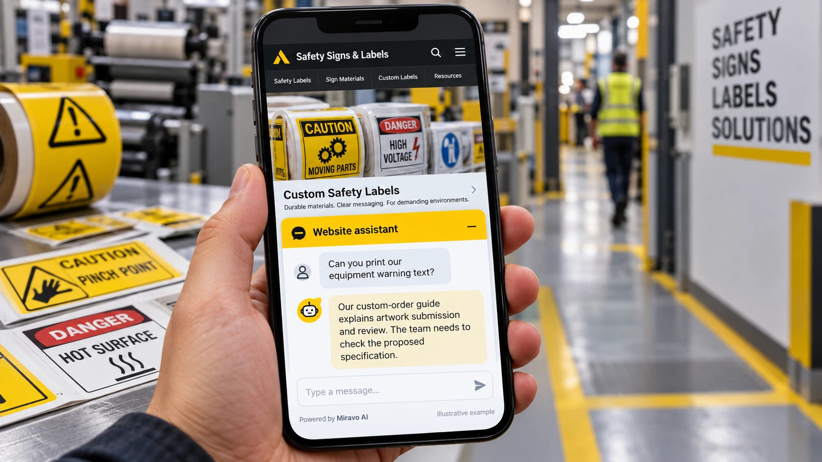 Illustrative safety signs and labels scene showing a Miravo AI chatbot conversation about request a custom label.