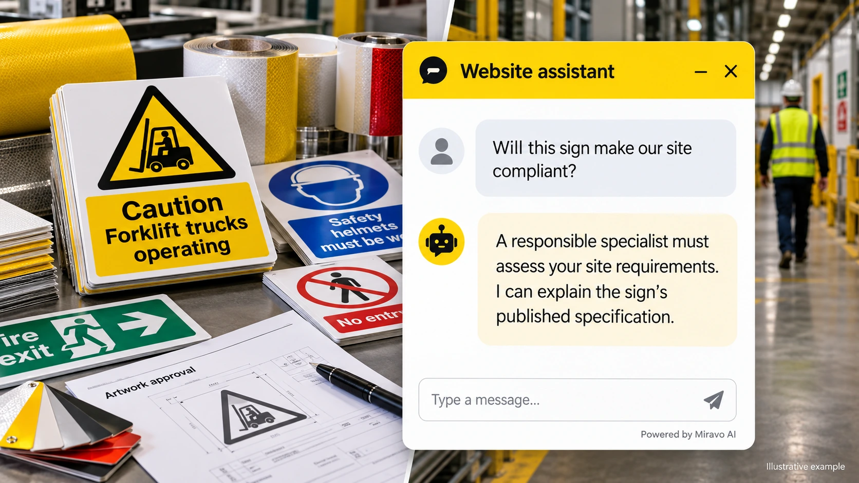 Illustrative safety signs and labels scene showing a Miravo AI chatbot conversation about route a compliance question.