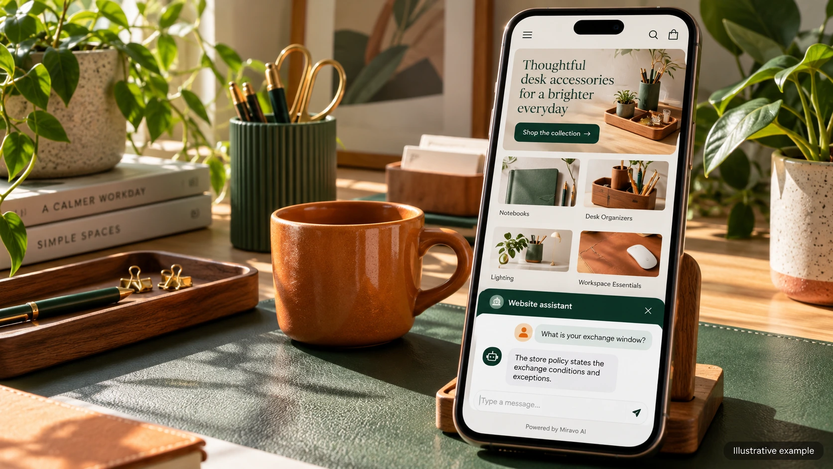 Illustrative shopify stores scene showing a Miravo AI chatbot conversation about clarify a policy.