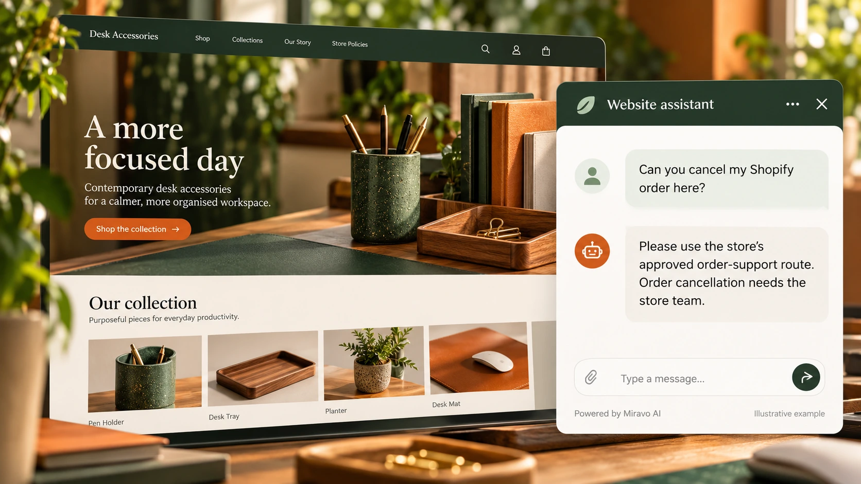Illustrative shopify stores scene showing a Miravo AI chatbot conversation about route an account action.