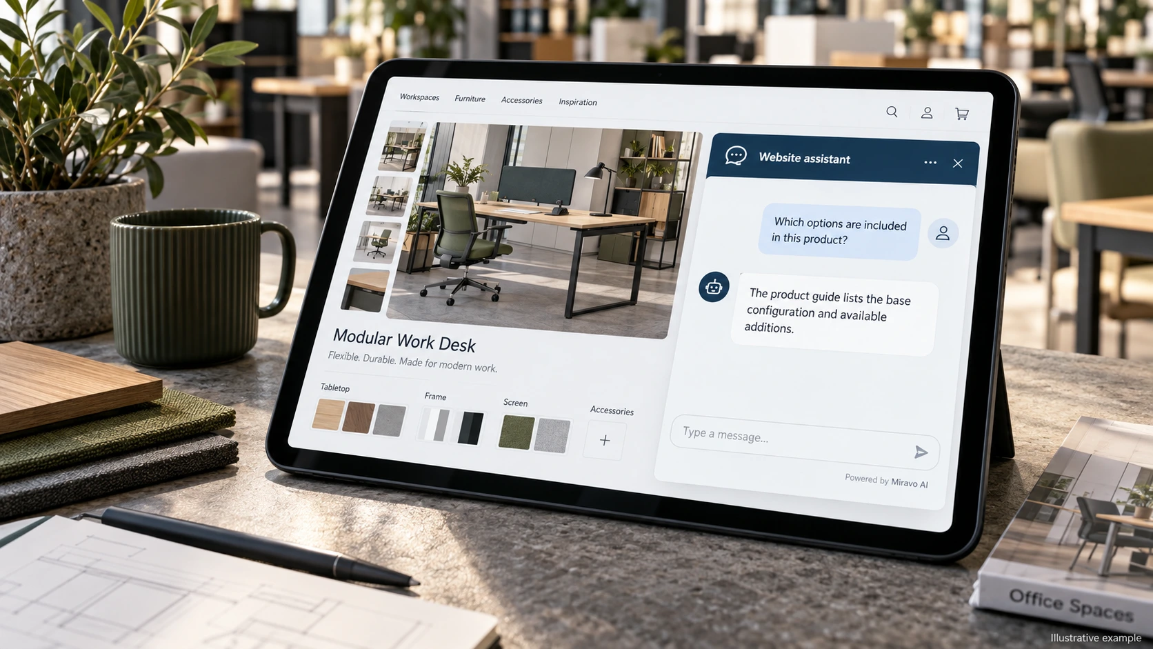 Illustrative shopware stores scene showing a Miravo AI chatbot conversation about explain the configuration.