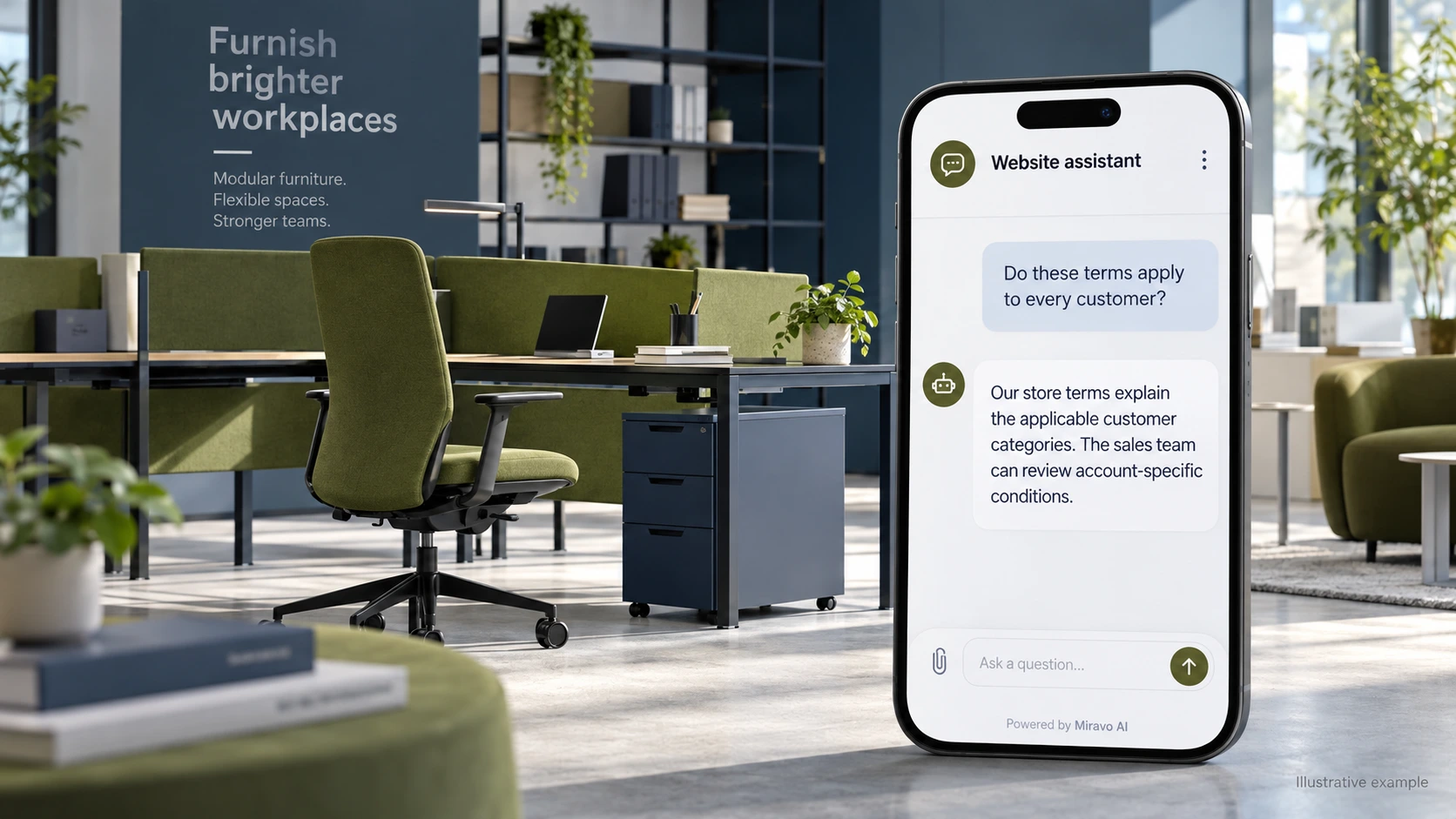 Illustrative shopware stores scene showing a Miravo AI chatbot conversation about clarify purchasing terms.